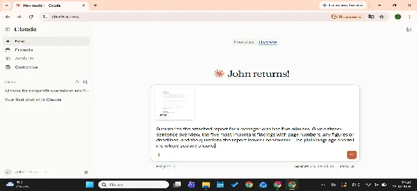 Claude chat with a PDF attached and the summarize-for-a-manager prompt typed in the message box