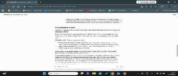 Claude explaining how inflation works in plain language with an everyday example and quiz questions