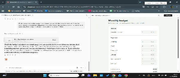 Claude monthly budget calculator artifact with income and expense fields open beside the chat