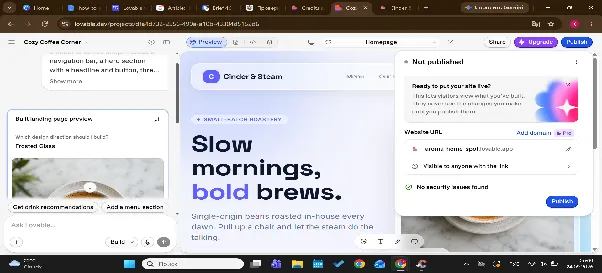 Lovable publish dialog showing the lovable.app address and no security issues found