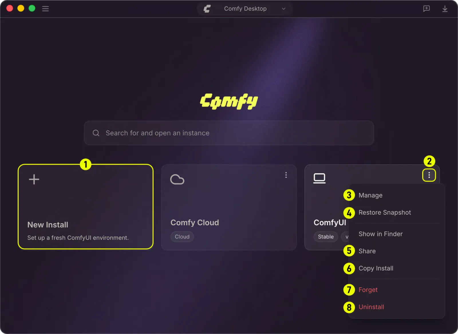 Comfy Desktop start screen with the New Install card highlighted next to Comfy Cloud and an existing ComfyUI instance menu