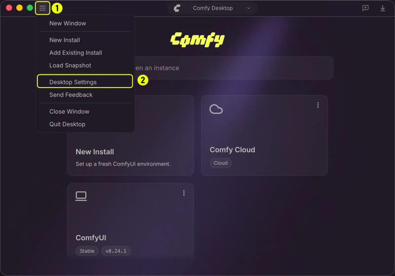 Comfy Desktop top-left menu open with Desktop Settings highlighted